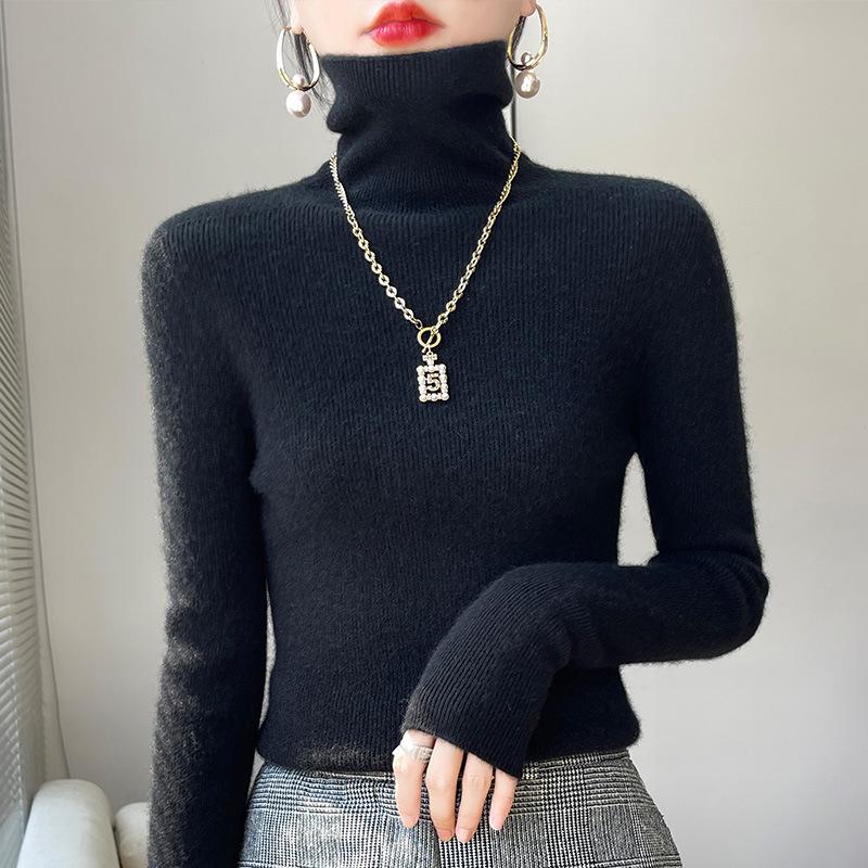 Autumn/Winter Slim-Fit Mock Neck Knit Sweater – Versatile Women's Base Layer