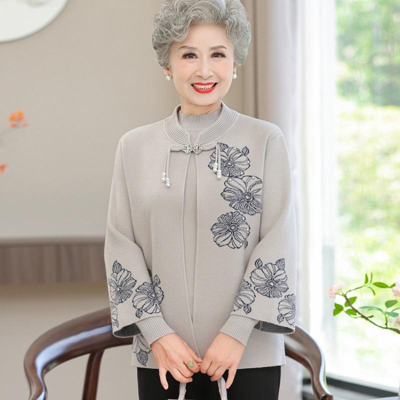Grandma's new coat embroidered top Mom's autumn dress medium and old Tang suit two-piece cardigan long-sleeved old lady