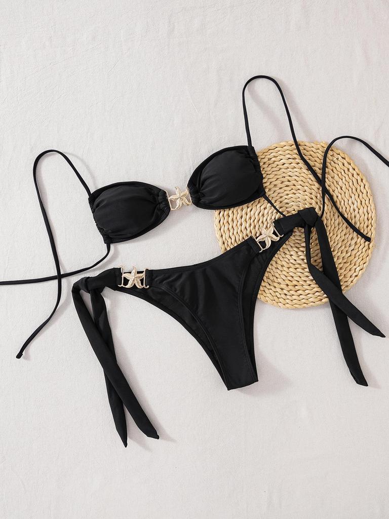 2025 Europäischer & Amerikanischer Uni-Farben Seestern Schnür-Bikini Zweiteiliger Badeanzug