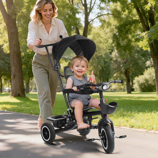 Toddler Tricycle Children Trike Kids with Adjustable Push Handle Removable Canopy Safety Harness Child Music Headlight Storage Basket,