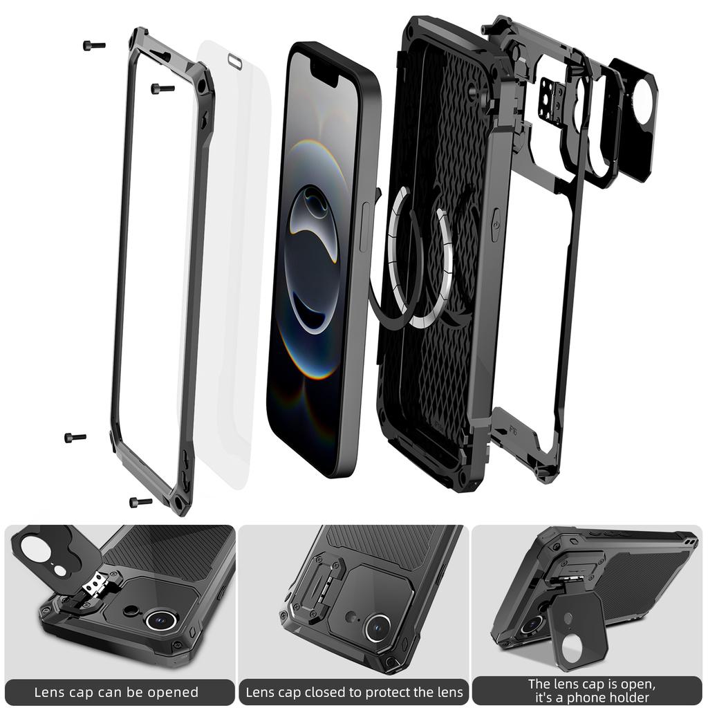 For iPhone 16e Case Aluminum Alloy+Silicone Lens Kickstand Phone Cover with Tempered Glass Film