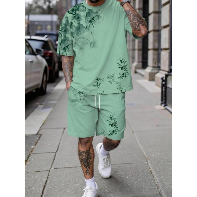 Men s Dynamic Oriental Ensemble: Unique Ink Wash Style Print Tee with Elastic Waist Shorts. Comfortable Fit Casual Suit for Summer Vacation S разноцветный