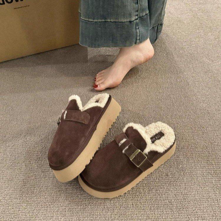 Cowhide version! Thick-soled snow boots increase the height of the bag head and half-drag women's autumn and winter new warm and thickened plush B
