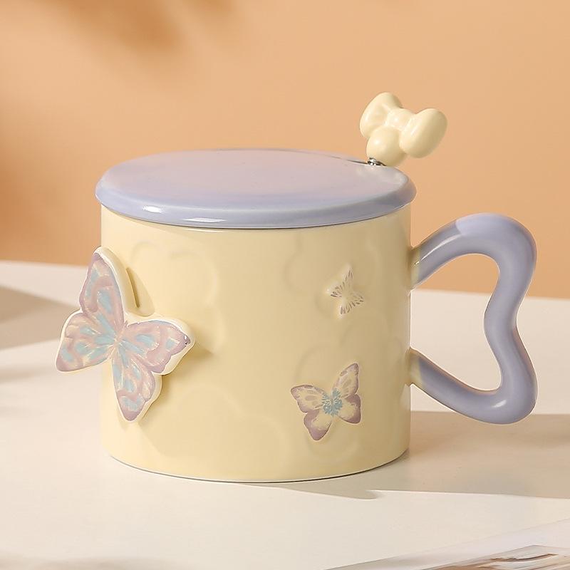 

Butterfly Ceramic Cup with Lid with Spoon High looking Couple Water Cup for Girls Home Office Coffee Breakfast Cup 301-400ml