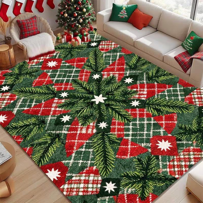 Christmas Area Rug Light Stripe Background Red Gold Ball Pine Branch Print Soft Floor Mat Living Room Bedroom Home Decor Carpet
