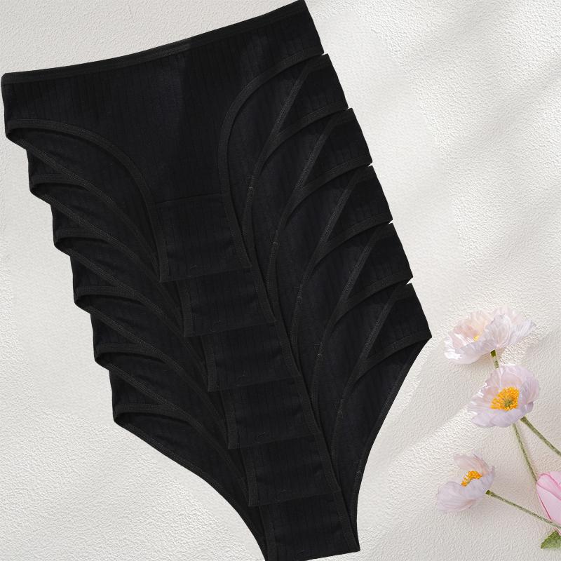 

6PCS/SET Cotton Ribbed Striped Underwear for Women Plus Size 12 Soild Colours Stretch Briefs Ladies Soft Lingerie M-XL 1XL&Set