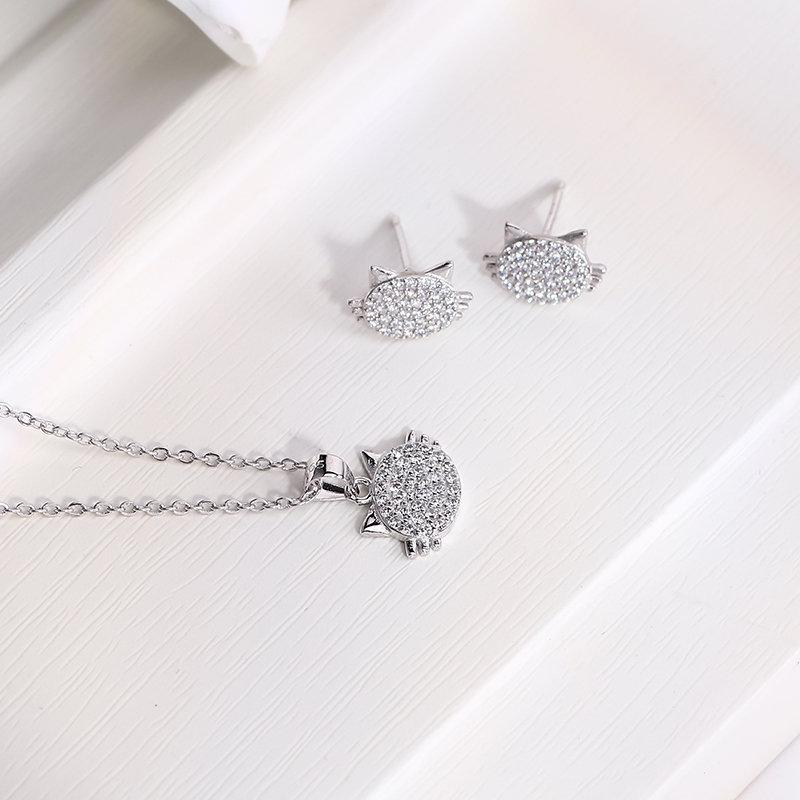 Beixi S925 Sterling Silver Cat Rhinestone Earrings  Necklace - Unique 2025 Design for Women 925 Silver