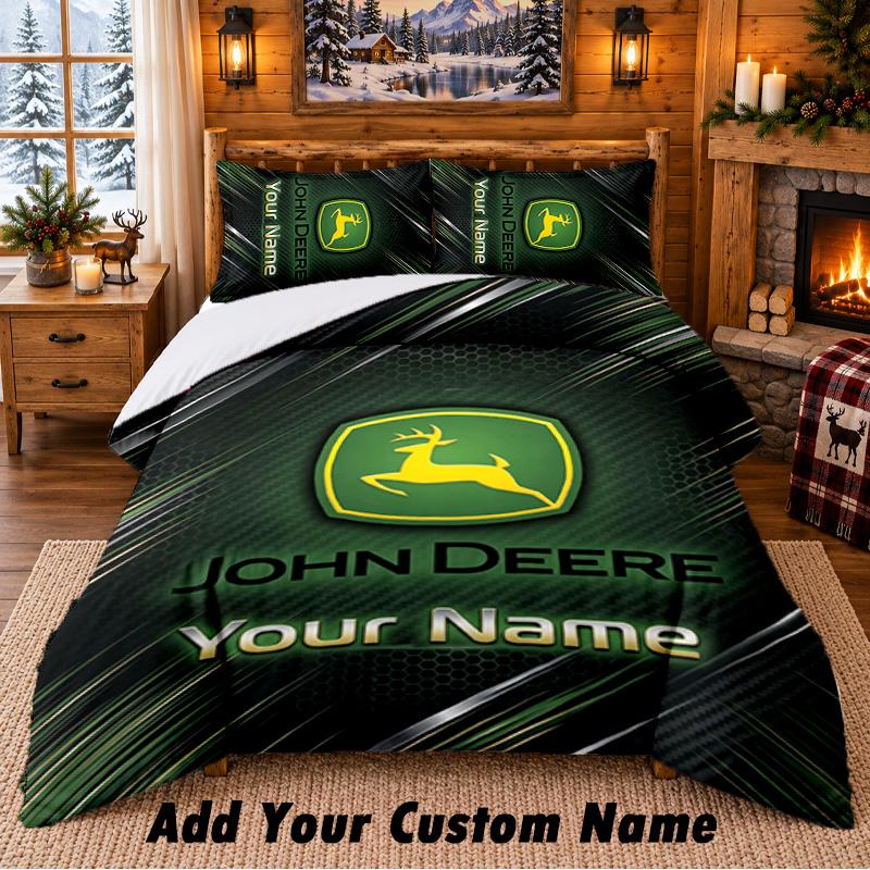 Set Biancheria da Letto John Deere 3 Pezzi Nome Personalizzato, Lenzuolo e Federe per Camera da Letto di Casa