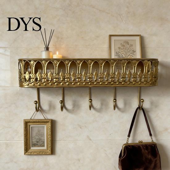 French Country Wall Shelf Mounted Floating Shelves, Metal with 5 Hooks, Key Holder Rustic Plant Stand Mail Organizer, Storage Rack for Entryway Living