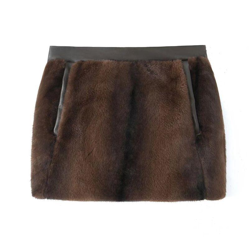 

Kaslead New Arrival Women s Clothing Fashion Style Fashion Minimalist Artificial Fur Effect Short Skirt 3692967 Dark brown L