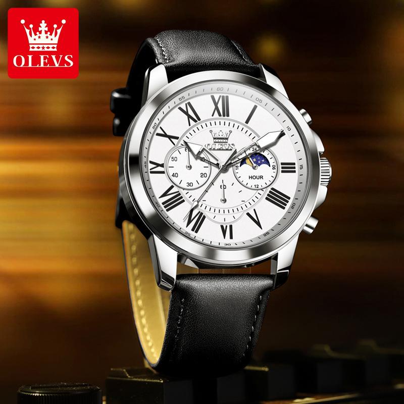Men's Sports Timing Waterproof Luminous Moon Phase Quartz Watch Three Eye Dial Holiday Gift Business Watch