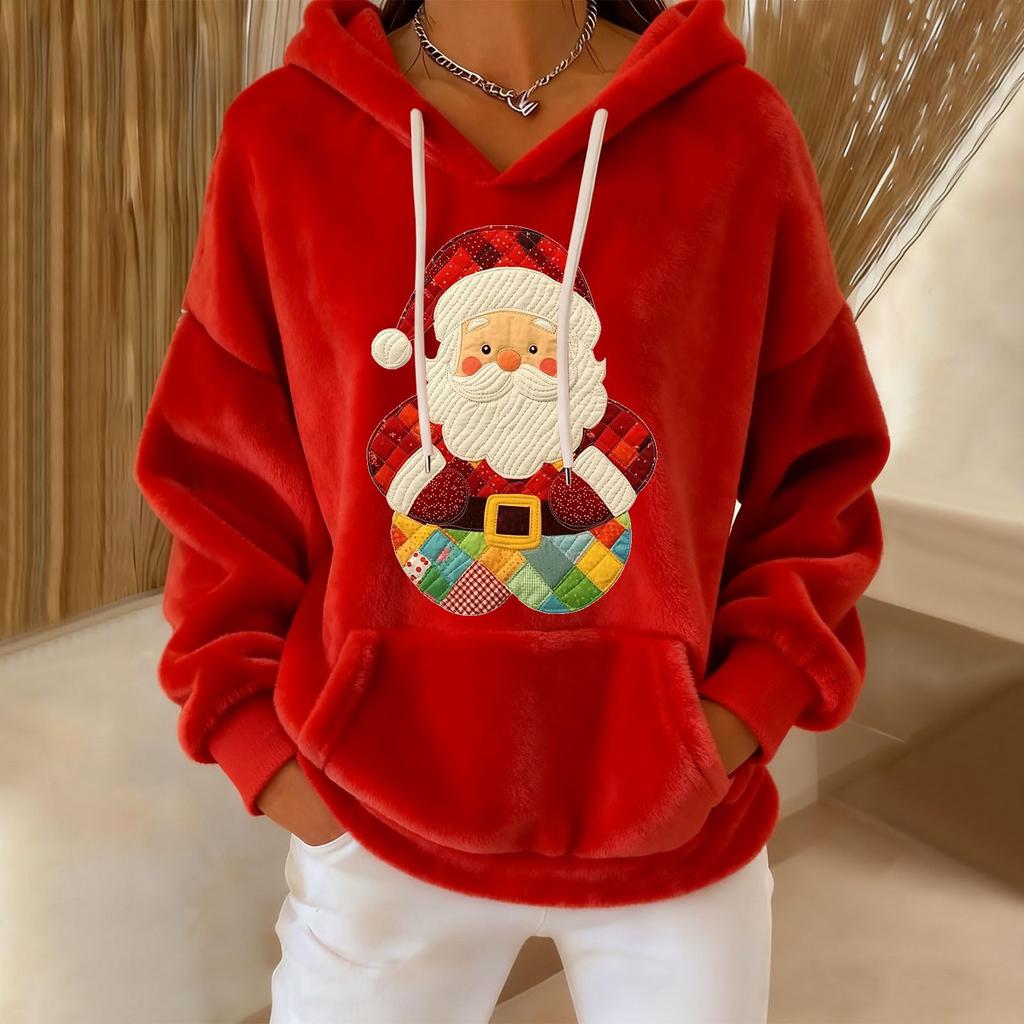 Women's Loose And Comfortable Drawstring V-neck Long Sleeved Christmas Print Hoodie