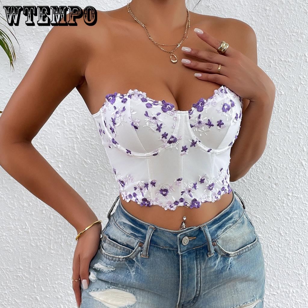 Lace Fragmented Flowers Embroidered Top Trend Have Cash Less  Navel Exposed Breastplate Undergarment Covering The Chest and Abdomen Tops