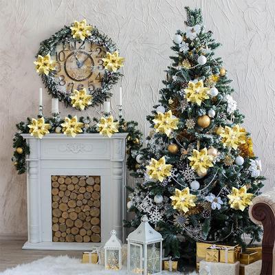 2/5 Stück 14cm Glitzer Künstliche Weihnachtsblumen Mreey Weihnachtsbaumschmuck Frohes Neues Jahr Ornamente Weihnachten Kunstblumen natal