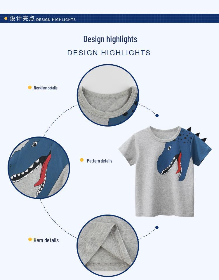 27kids 2024 Korean Style Dinosaur T-shirt for Boys - Summer Short Sleeve