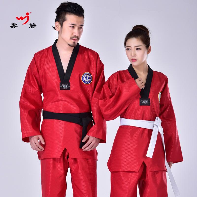 Taekwondo Kimono Set S Vyšívaným Potiskem Pás Bílý Červený Modrý Bavlněné Gi Tréninkové Výkonnostní Děti Dospělí