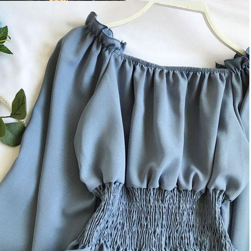 Women's Ruffled Chiffon Shirt Short Top Sexy Off-the-shoulder Off-the-shoulder Long Sleeve Waist Shirt Women Blouse Lantern Sleeve