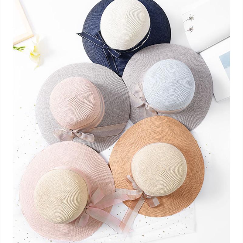 FashionTwo-color Patchwork Striped Bowknot Summer Sun Hat Women Straw Beach Hat Large Brimmed Hat