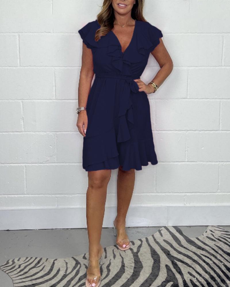 2025 Women's Summer V-Neck Waist-Cinching Ruffle Dress - Solid Color