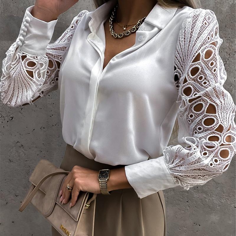 Womens Elegant V Neck Long Sleeve Blouse Shirt Floral Lace Patchwork Lady Tops