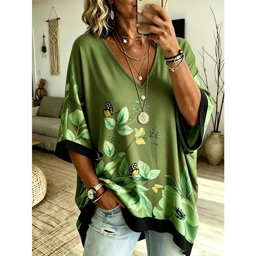 Printed Large Size Women's Abstract Flower Printed V-neck Bat-sleeve T-shirt, Lazy Style, Loose, Flesh-covering and Slimming Casual Top