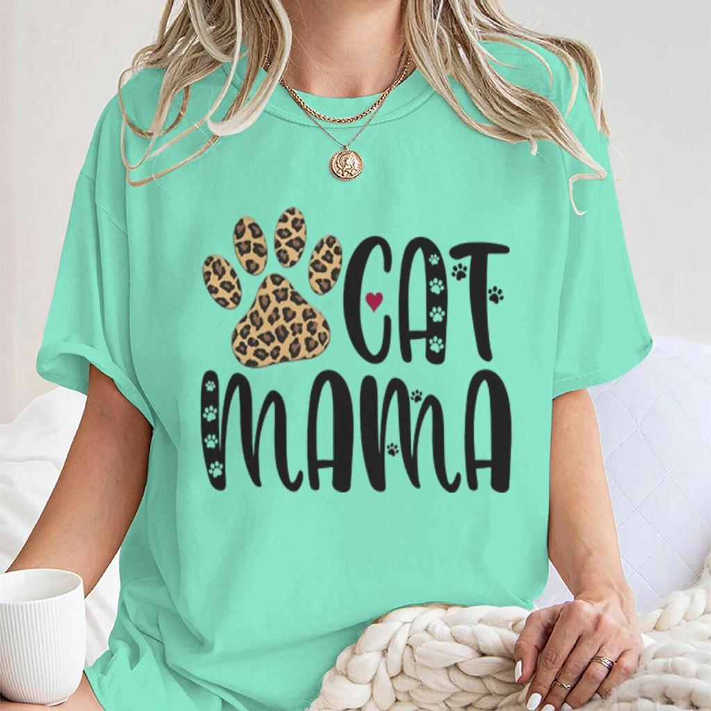 Cat Mama Vintage Cat Paw Printed T Shirts Women Casual Short Sleeve Tshirts Round Neck Tees For Animal Lover Gifts Female Tops