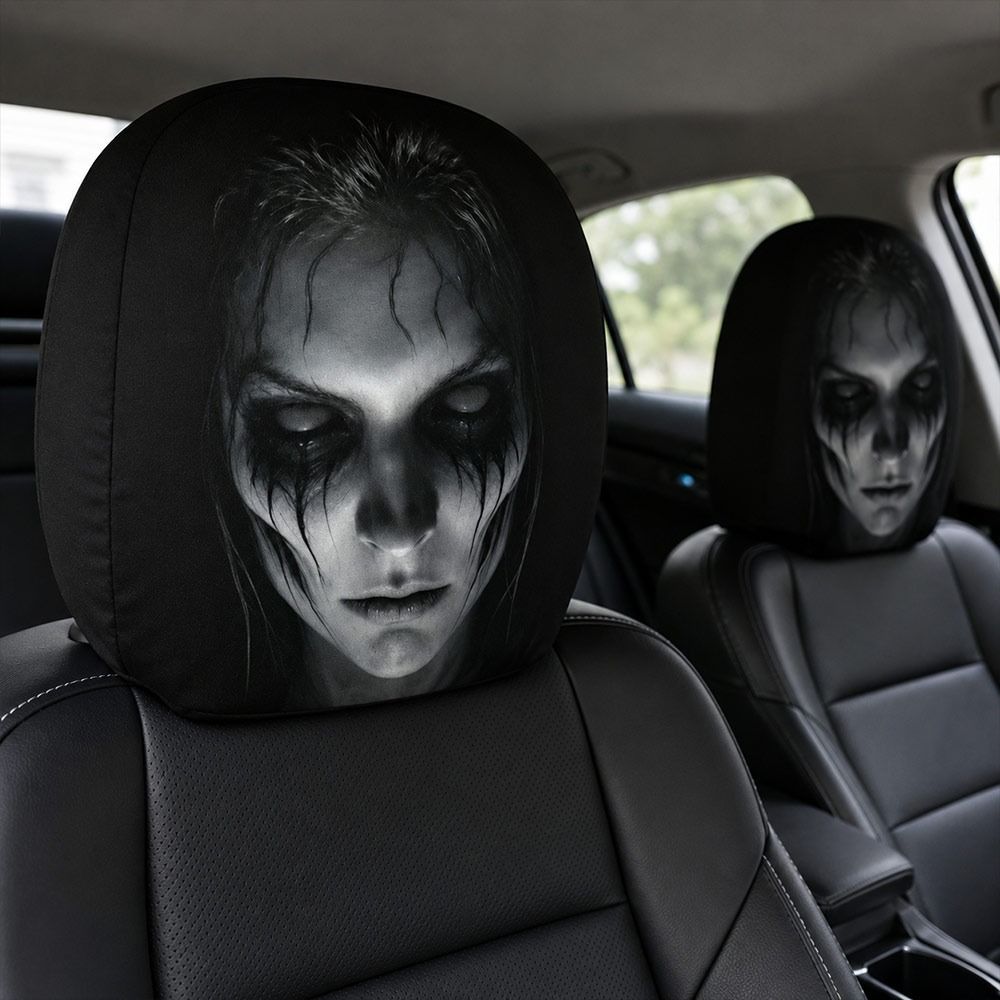 2Pcs Black Car Seat Cover Scary Face Printing Car Headrest Protector Car Headrest Cover Halloween