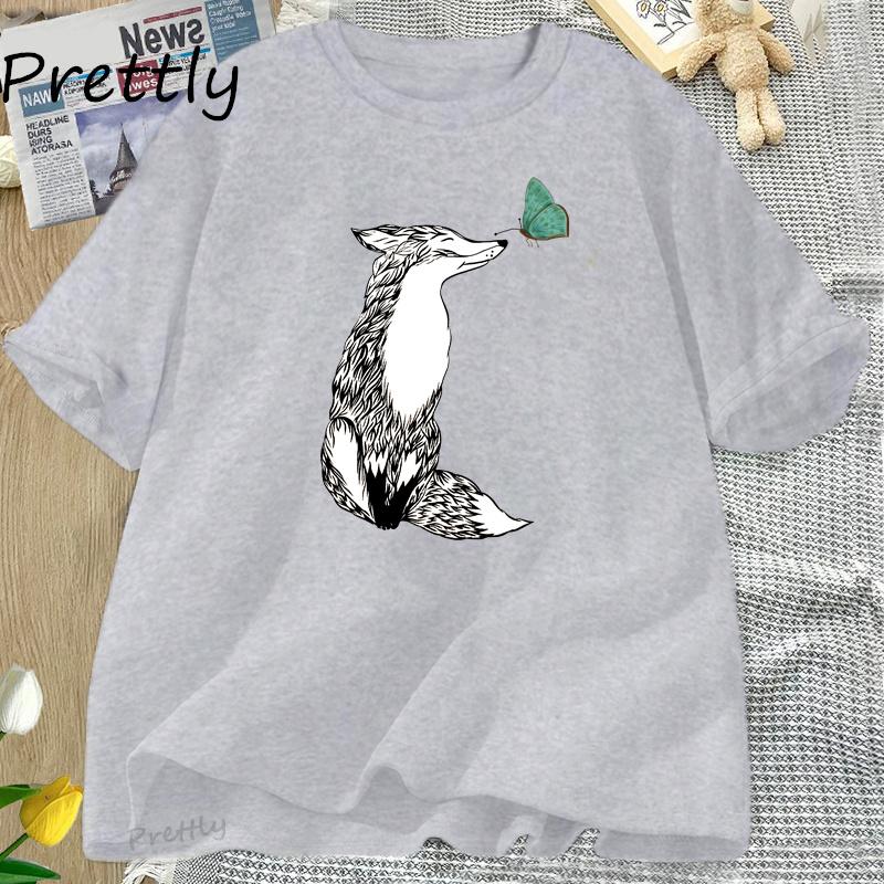 Fox and Butterfly T Shirt Cotton Graphic Tee Soft Fitted T Shirts for Women Printed Cotton Short Sleeve Harajuku Tees Clothing