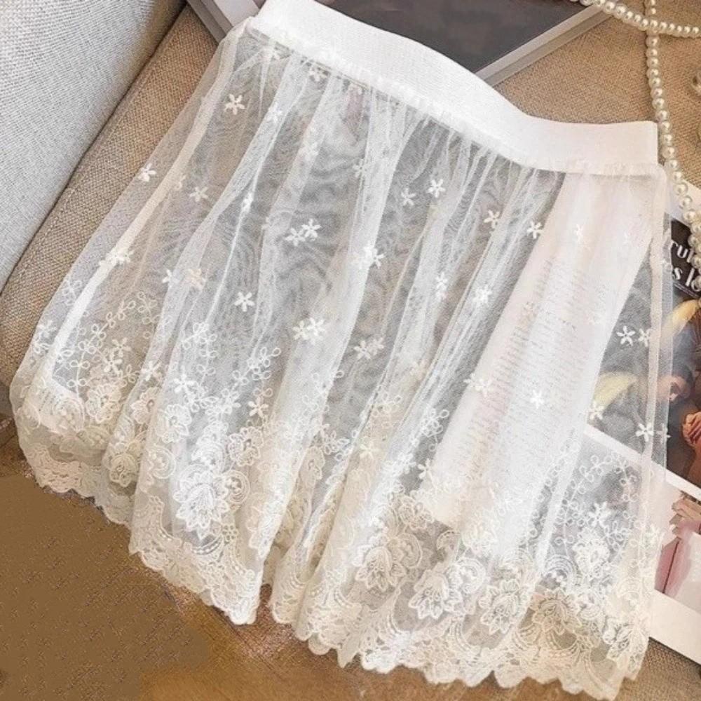 Transparent Safety Skirt Petticoat Embroidery Flower Mesh Underskirt Slips Dress  Female
