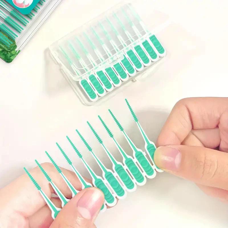 100 Stück Interdentale Silikonbürsten Zahnstocher Bürste zwischen den Zähnen mit Faden Mundreinigungsgeräte