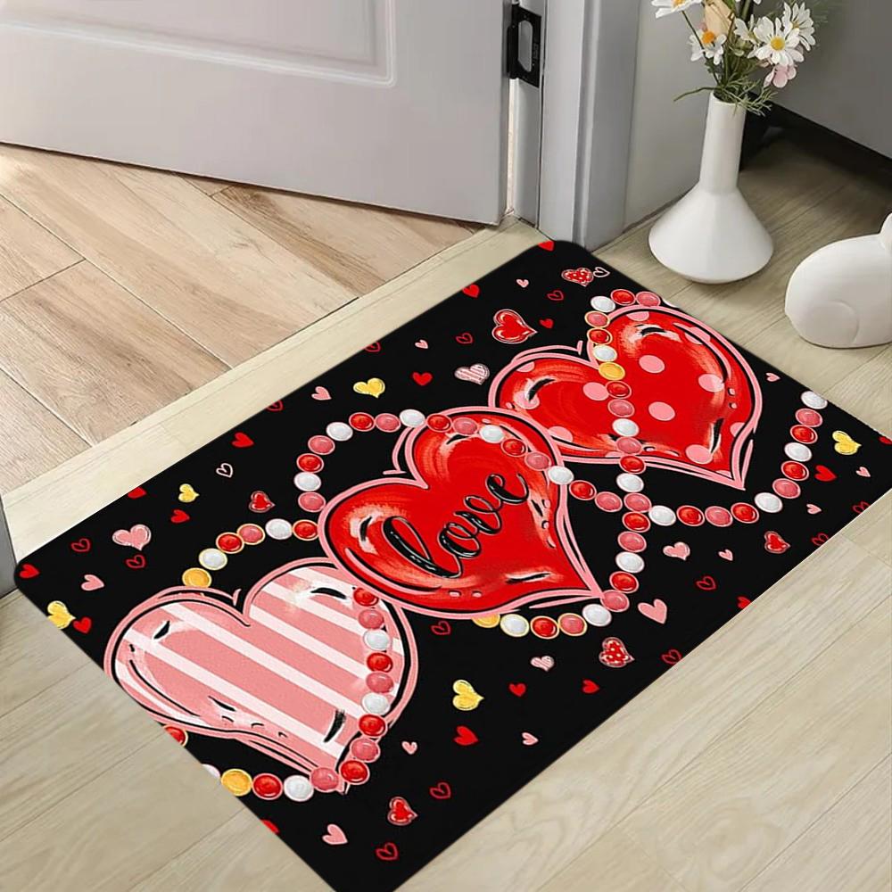 Love Heart Pattern Door Mat Romantic Letter Heart Entrance Carpet Soft Non-Slip Girly Valentine Home Decor Floor Rug for Hallway