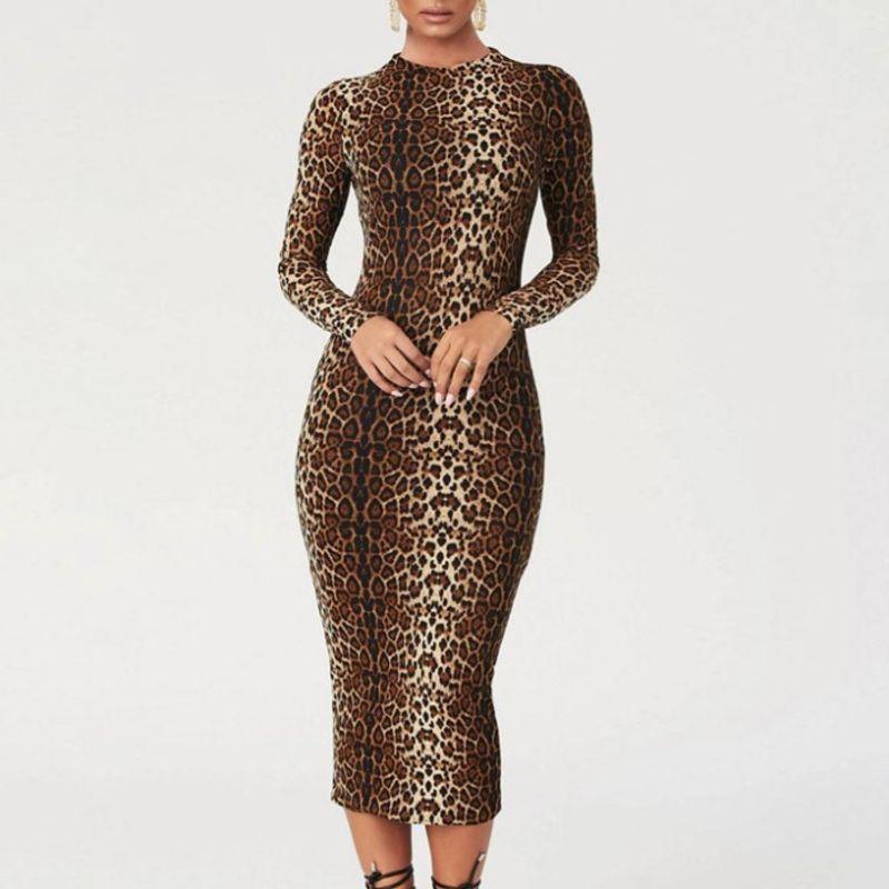 New Fall and Winter New Fashion Sexy Leopard Print Print Mid Length Long Length Silm Long Sleeves Dress Dress Dress