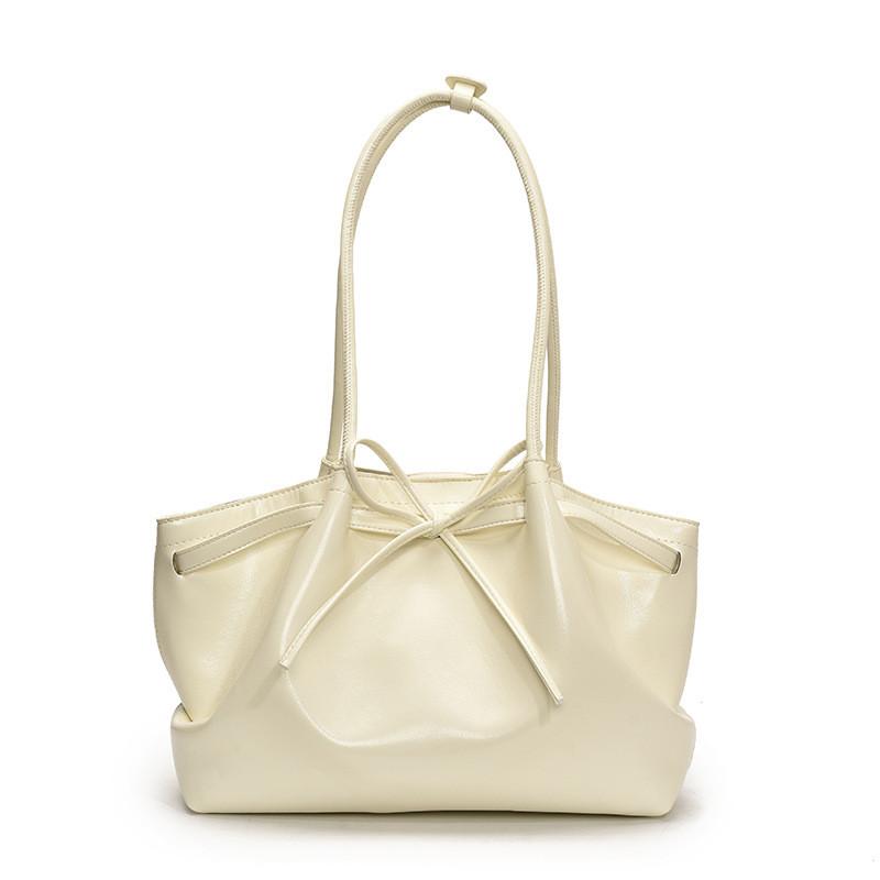 Color Solid Simple Bow Decoration Pleated Design Women Casual Shoulder Bag Tote