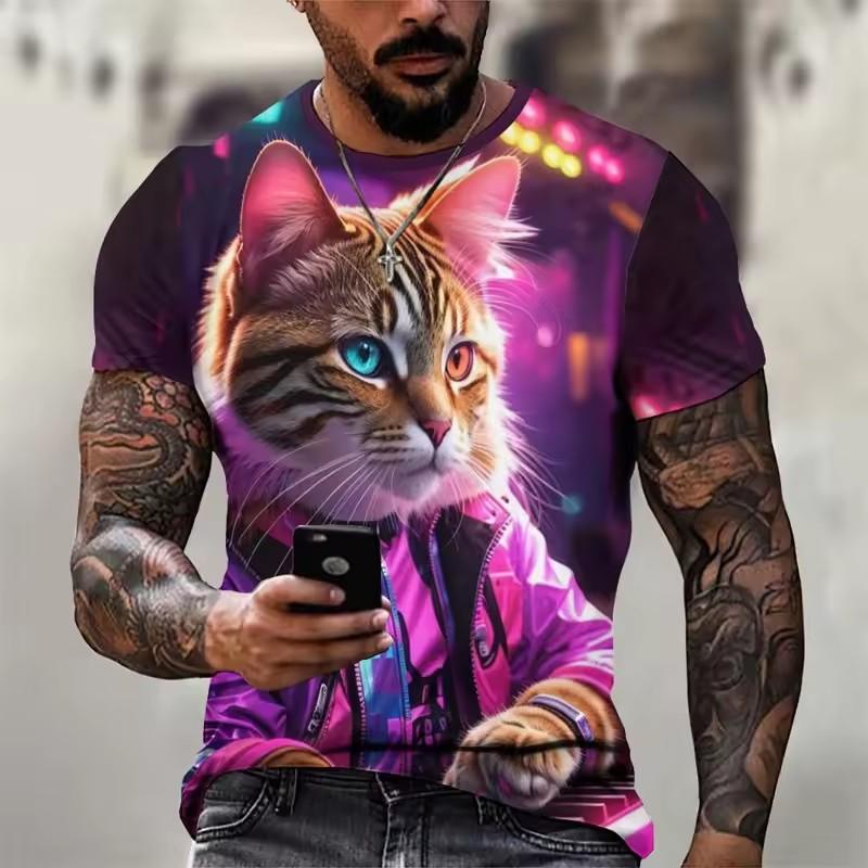 Trend Cat Graphics T Shirts Summer Fashion Short Sleeve 3D Animals Printed Mens T-shirts Hip Hop Rock Loose Harajuku Tees Tops