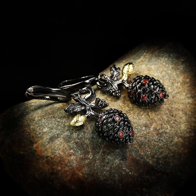 Italy Jewelry Vintage Flower Bud Inlay Ruby 925  Earrings Fashionable Black Gold Earrings Wedding Jewelry Gift