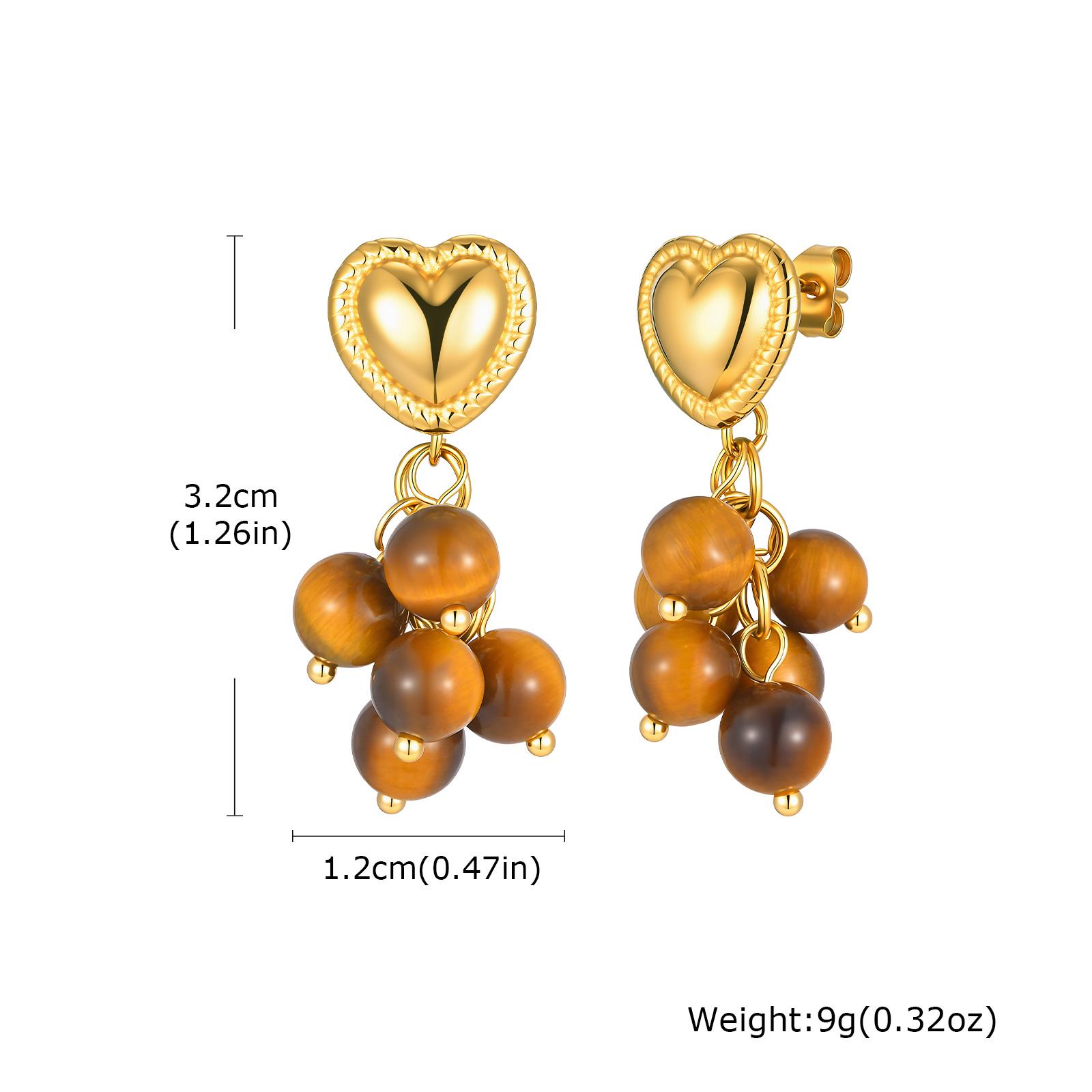 

Vintage Grape Shape Tiger Eye Beads Drop Earrings for Women, Stainless Steel Heart Studs, Healing Stone Dangle Earrings