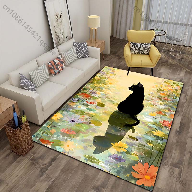

Black cat sitting floral pond reflection Print Carpet for Living Room Bedroom Sofa Home Decor Non-slip Mat Luxury Gift 40x60cm