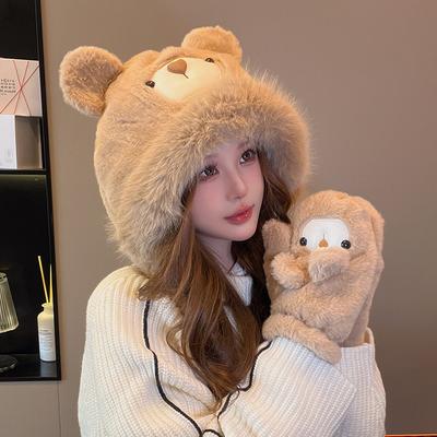 Cute Plush Gloves and Hats for Women  Autumn and Winter Ear Protecting Hats for Cycling To Keep Warm  Thickened Little Bear  Lei Feng Hat Trend