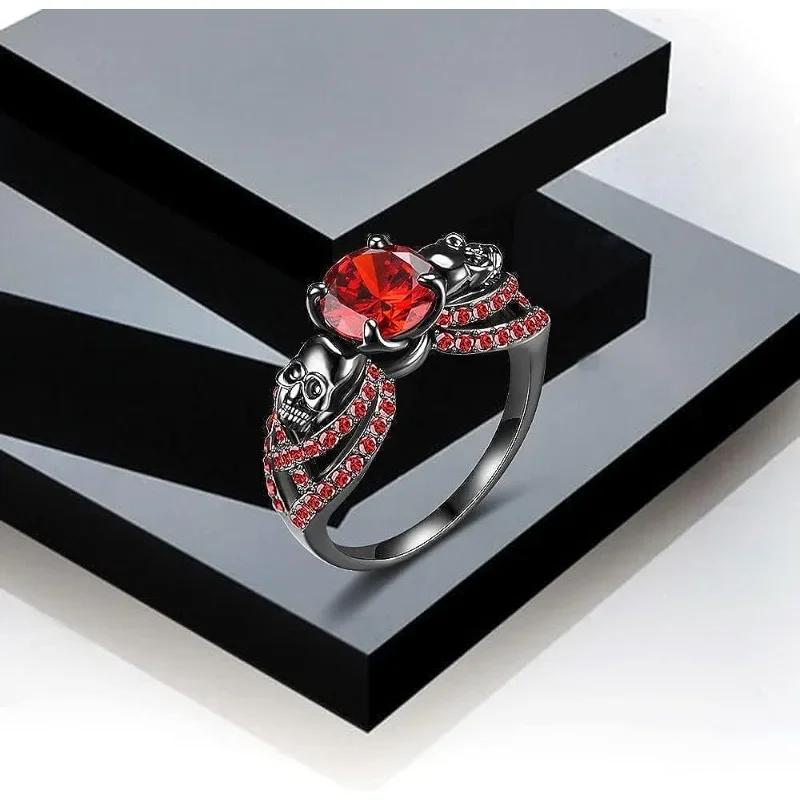 Gothic Black Ring Red Crystal Vampire Double Skull Rings for Women Party Wedding Jewelry
