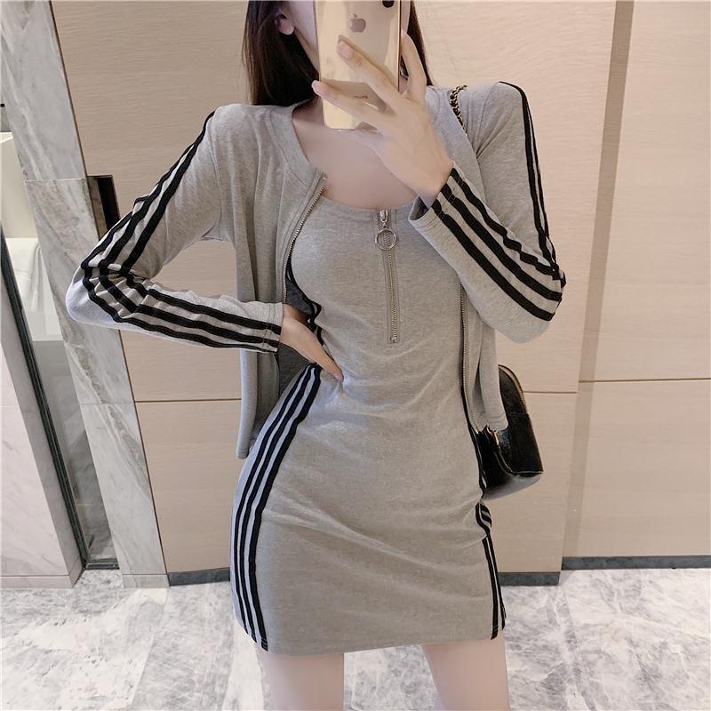 Autumn suit female Korean version fashion waist sexy hip wrap Internet celebrity style dress two-piece tide