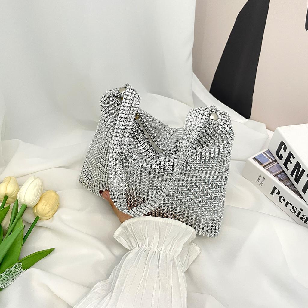 Glamorous Evening Bag Shoulder for Women Shiny Rhinestone PVC Handbag with Zipper for Party Gala Formal Events