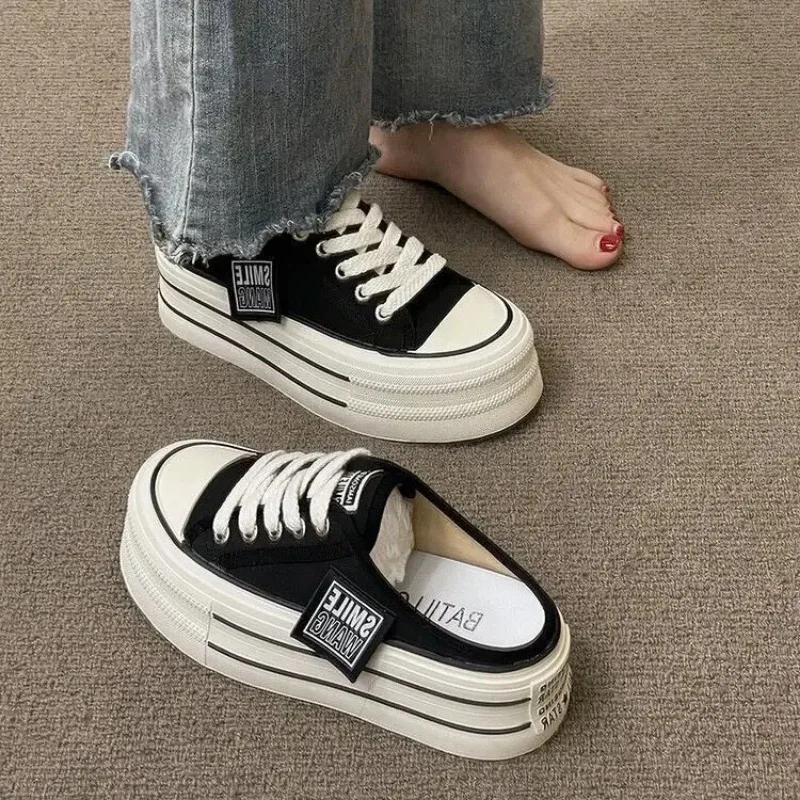 Fashion Summer New Thick Soles Increase Slippers Trend All Lazy People A Slip-on Half Drag Fashion Casual Canvas Shoe Women Plus Size 40