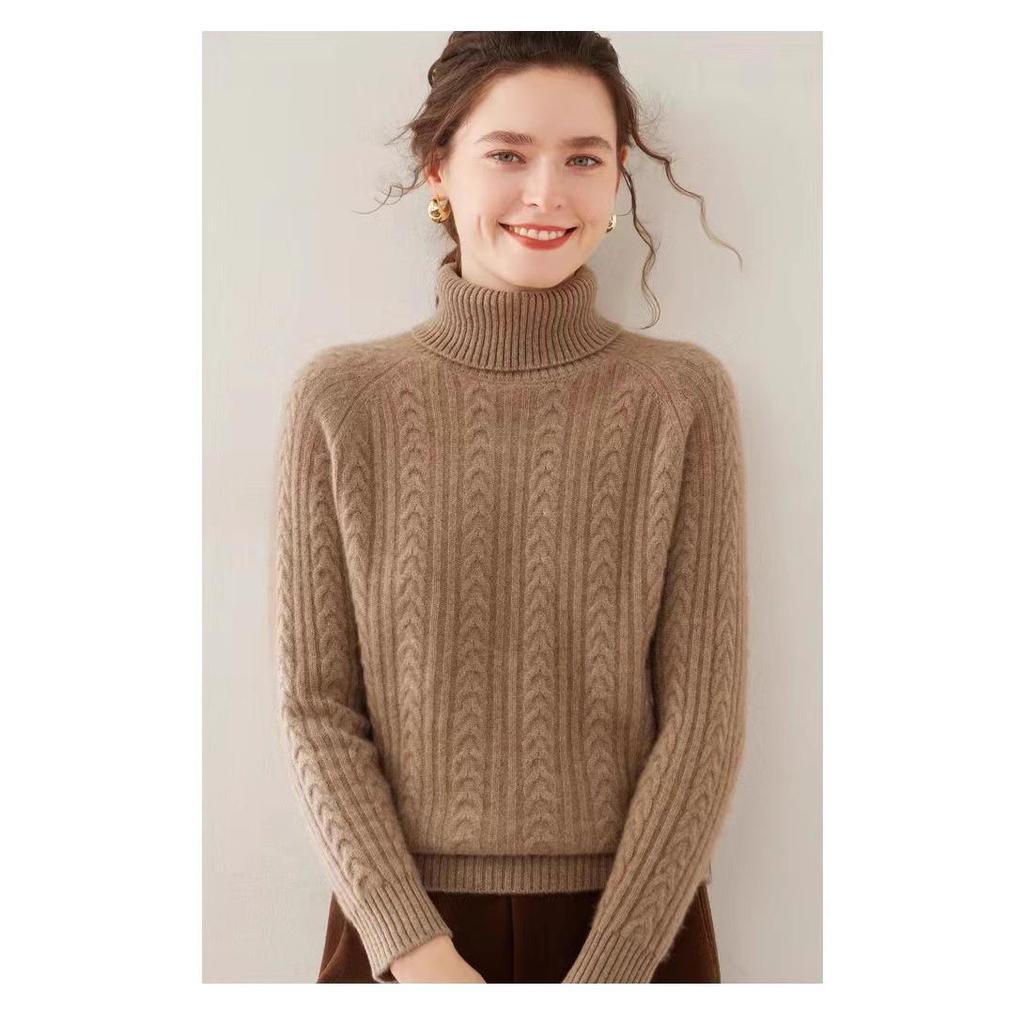 Women's High Neck Wool Cashmere Sweater - Thick, Trendy Raglan Sleeve Pullover for Autumn/Winter.
