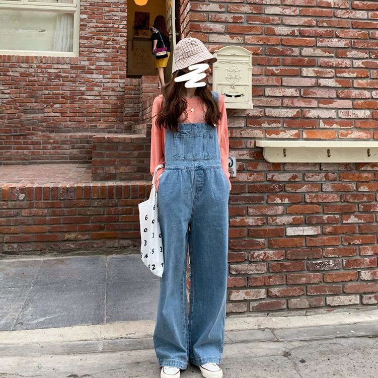 Women's Summer Jumpsuit High Waist Wide Leg Pants, Korean Version Loose Cool  Spring and Autumn Denim Overalls Retro Thin Suspender Jumpsuit Pants