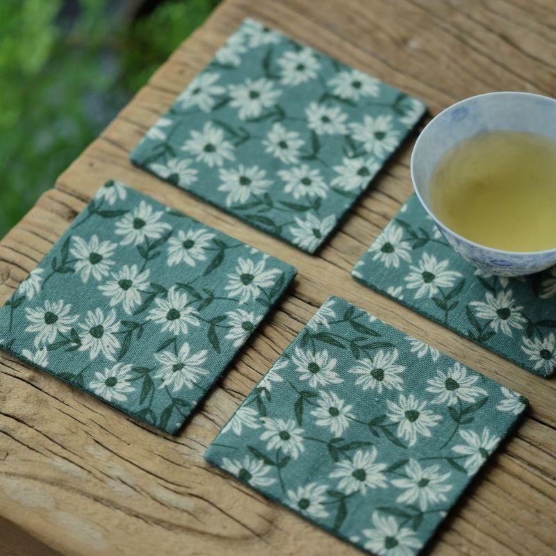 

Introduced Cotton and Linen Thickening Print Saucer Fabric Insulation Water Absorbent Tea Cloth Teacup Mat Zen Chinese Retro Ethnic Style Daisy 9*9cm 2, three layers, cotton and thickening