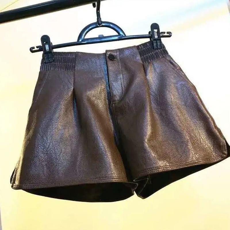 

Шорты женские свободные кожаные брюки с высокой талией сплошной цвет повседневные широкие брюки L