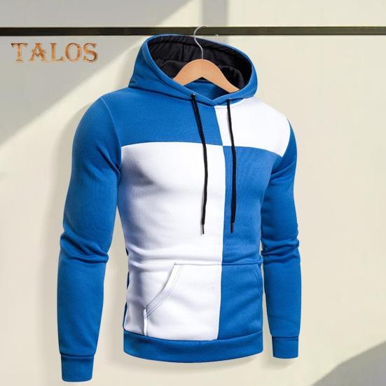 Men Fall Winter Hoodie Colorblock Drawstring Long Sleeves Big Pocket Hooded Retro Thin Loose School Daily Wear Casual Sport Top