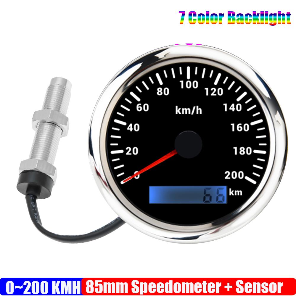 ZMFJH 30-200KMH Speedometer Auto Car 7 Color Backlight Analog Pulse Signal 85mm Speedometer Gauge with Holzer Sensor M16X1.5