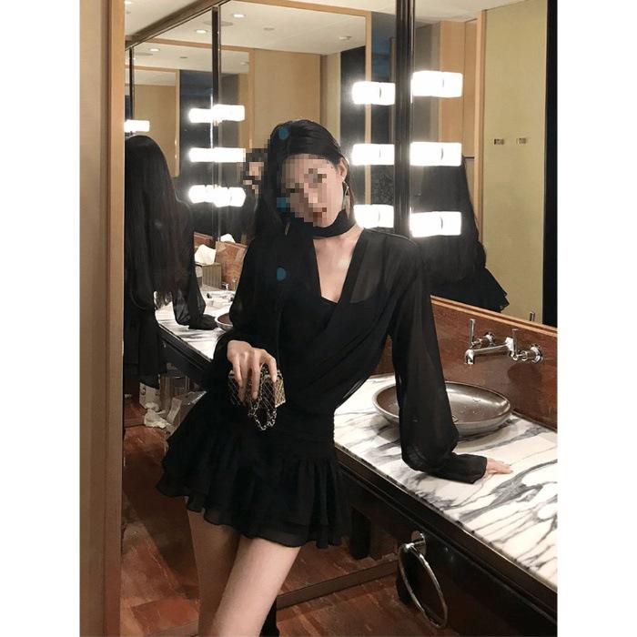 Solid Color V-Neck Long Sleeve Mesh Patchwork Dress - Women s Spring Socialite Style Pleated Short Skirt Large чёрный