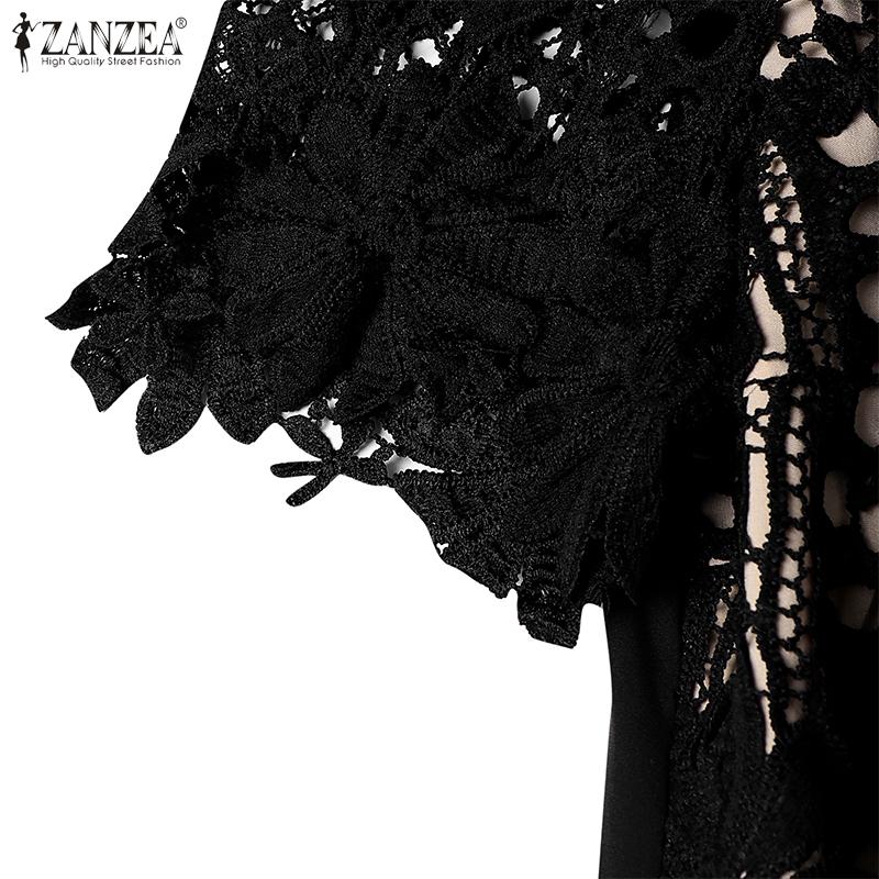ZANZEA Women Casual Round Neck Short Sleeve Lace Ctochet Patchwork Dress